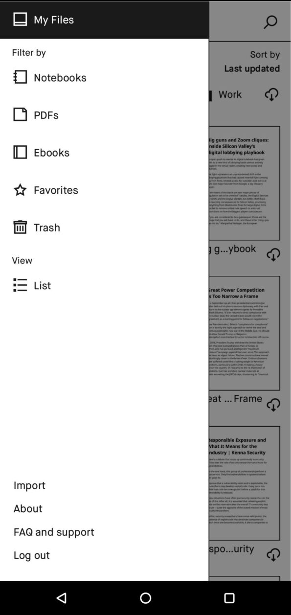 L'interface Android de l'appli pour tablette reMarkable 2